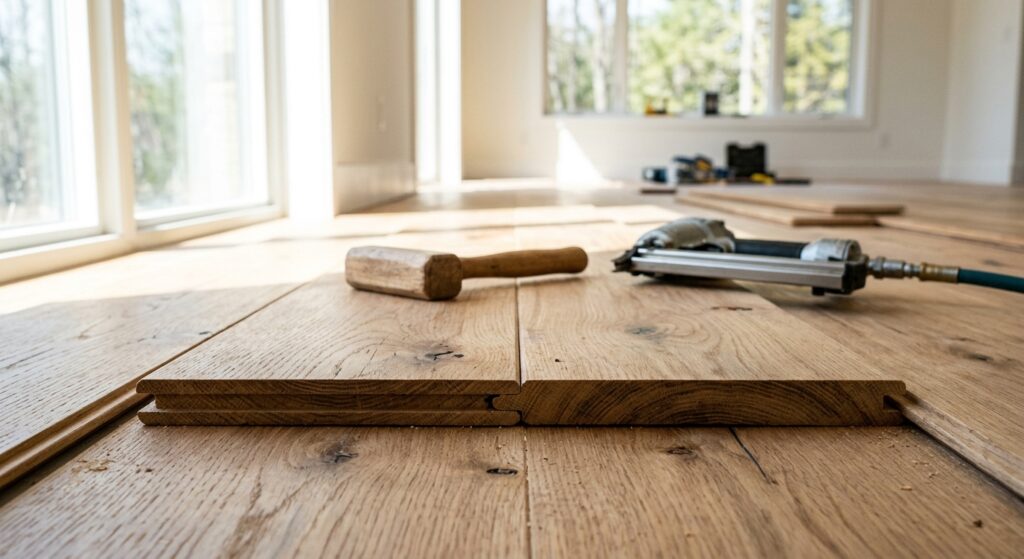 Refined shot of hardwood floor installation in a bright sunlit room, close-up on the interlocking pa