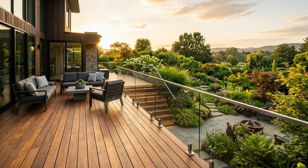 Architecture photography of a freshly finished modern patio with wooden decking and glass railings,
