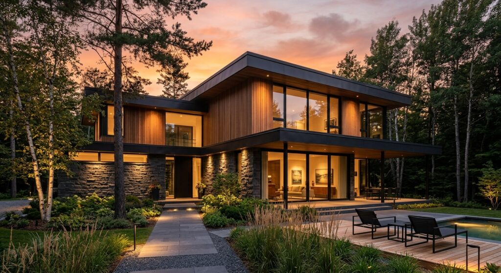 A modern house exterior facade during sunset, combination of stone and wood cladding, large floor-to