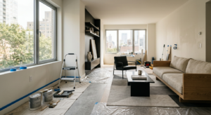 Professional interior design shot of a modern minimalist living room during the final stages of reno