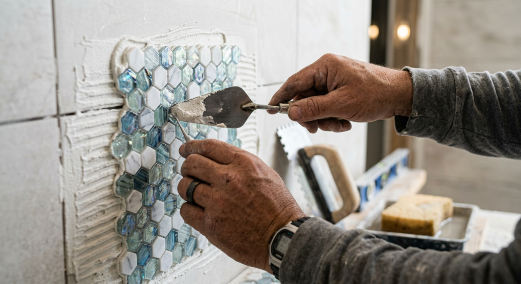 Close-up shot of a professional contractor hands installing high-quality mosaic tiles in a luxurious