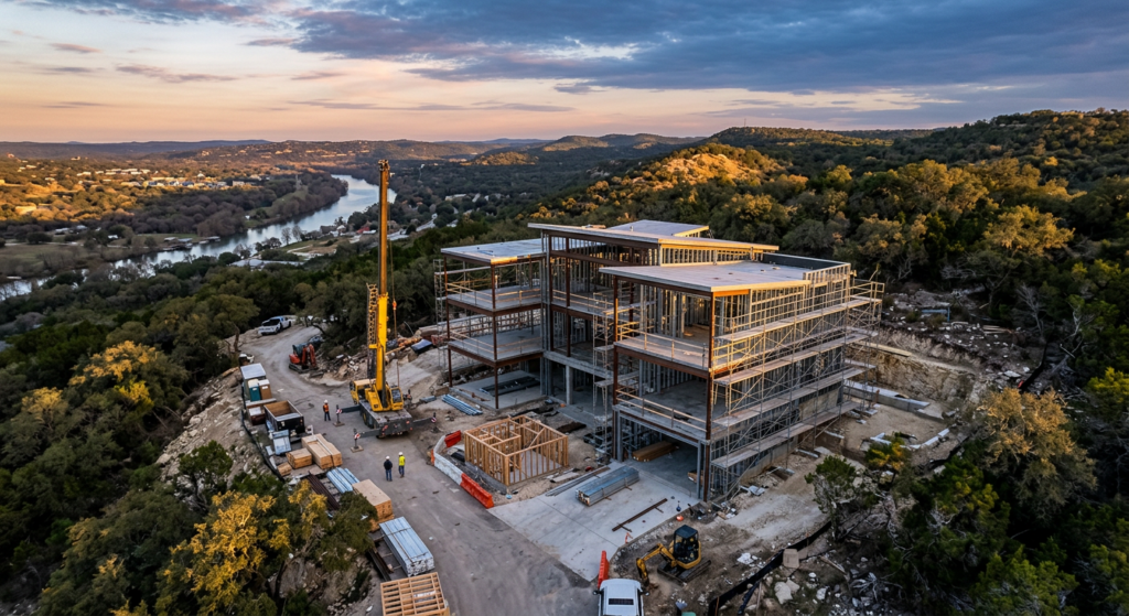 Aerial view of a contemporary house construction site at dawn, skeleton of the building visible with