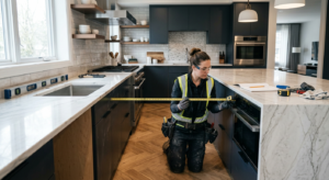 Interior view of a modern kitchen renovation, polished marble countertops, sleek cabinets, professio