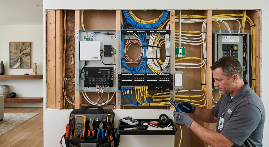 High-detail shot of electrical wiring and smart home installation inside a wall cavity, organized ca