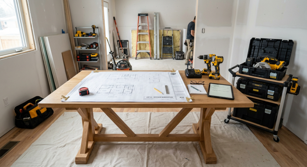 A clean, organized renovation project site showing a perfectly tidy workspace with organized power t